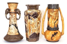 Three Bretby art pottery carved bamboo ware vases Nos 1346 2270 and 2432