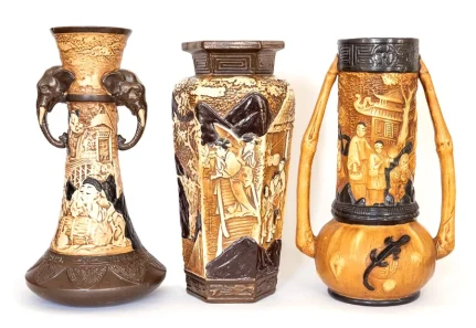 Three Bretby art pottery carved bamboo ware vases Nos 1346 2270 and 2432