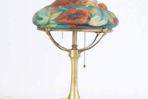 Vintage Pairpoint glass puffy lamp shade depicting red poppy flowers and foliage