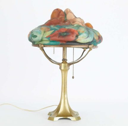 Vintage Pairpoint glass puffy lamp shade depicting red poppy flowers and foliage