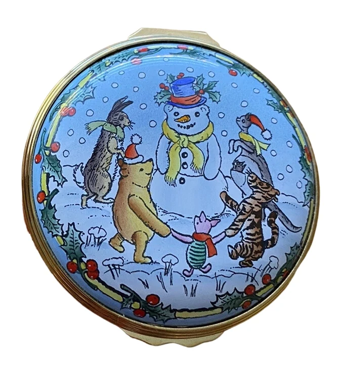 Halcyon Days Winnie Pooh Tigger Snowman Christmas Enamel Trinket Box